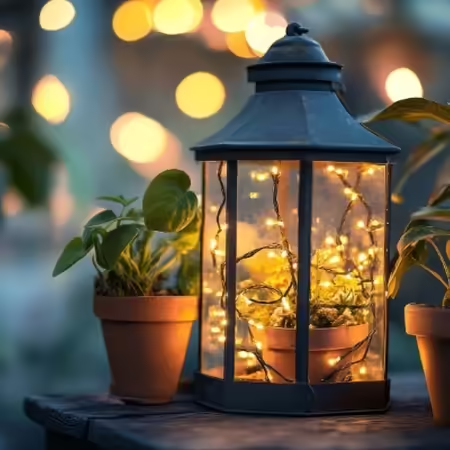 potted plant covered in lights surrounded by other potted plants