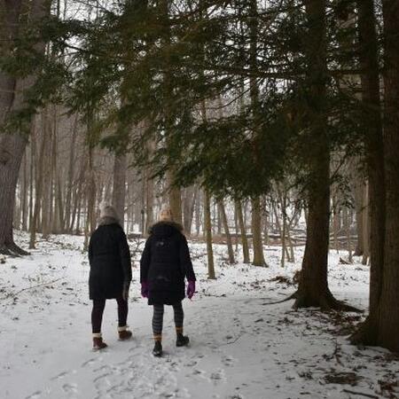 Two people walking together on a snowy trail.