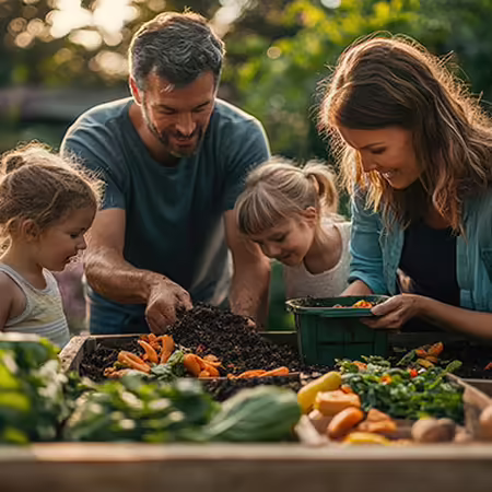 Family looking at vegetables from raised bed garden