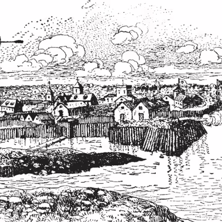 Black and white sketch of historic Jamestown 