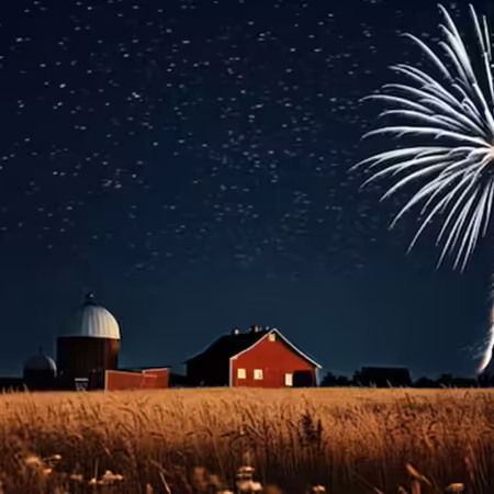 fireworks over a barn