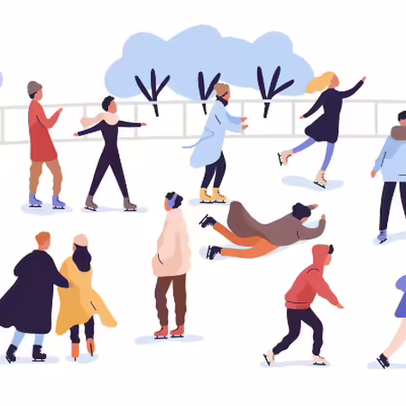 individuals, couples, families, and friends ice skating at an outdoor ice rink