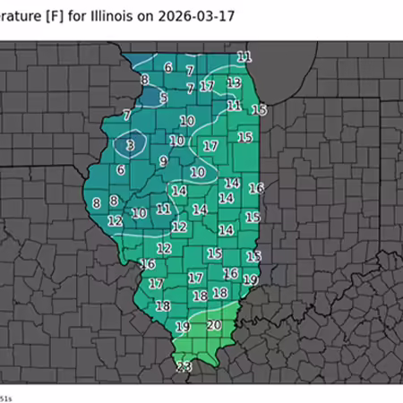 map of illinois with blue and green colors showing low temperatures across the state
