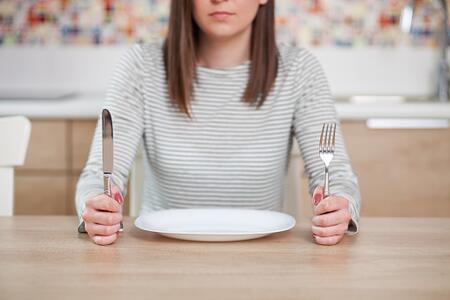 Person holding a knife and fork up to an empty plate. 