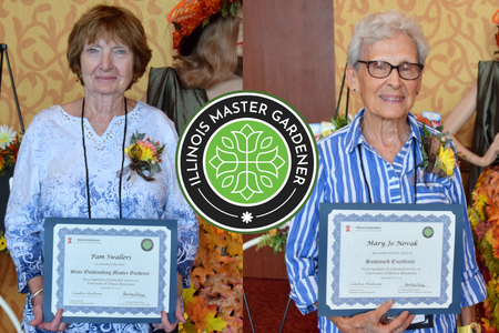Pam Swallers (left) and Mary Jo Novak (right) receive state Master Gardener Awards.
