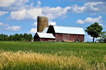 red barn with silo in green grass
