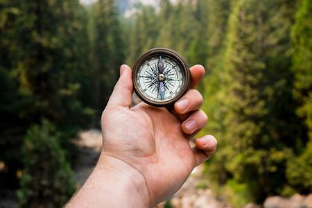 Hand holding a compass in front of pine trees.