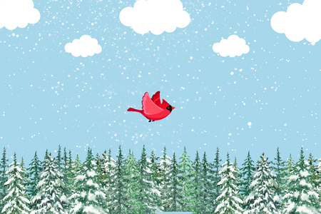 A graphic of a bird flying through snow above pine trees.