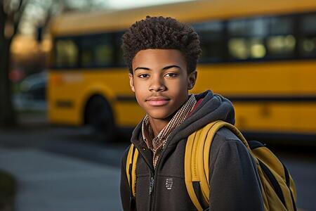 A teenage black boy stands in front of a yellow school bus wearing a backpack