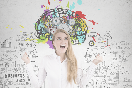 woman thinking and laughing about many thoughts with a brain picture in the background
