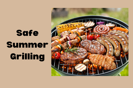 tan background; various types of meat and vegetables on a grill