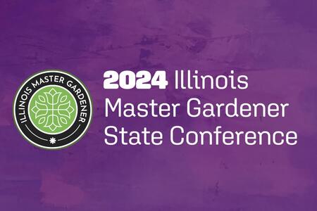 Purple background with gradient, Master Gardener logo, and "2024 Illinois Master Gardener State Conference" text.