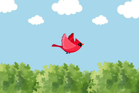 graphic of a red bird flying over green treetops