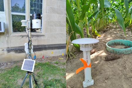 two weather monitoring systems, one in front of a building and one in a farm field