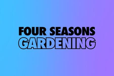Tie dye blue and purple background with black Four Seasons Gardening text.