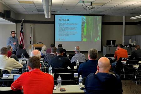 Dr. Boris Camiletti presenting on corn tar spot at the Oglesby Agronomy Summit