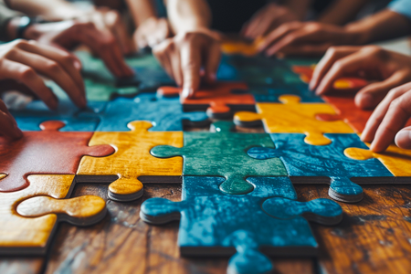 hands working to put together a puzzle
