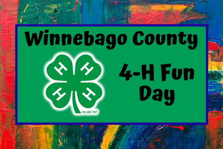 rainbow of colors smeared on a background with a green foreground and 4-H clover logo