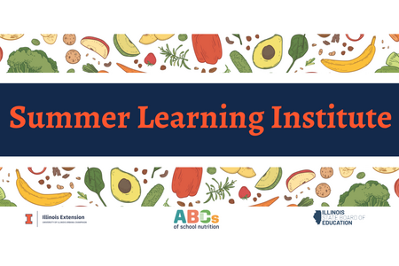 Fruits and vegetables with text reading "summer learning institute"