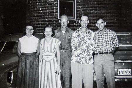 1951 photo of 5 people from 4-H Junior Leadership Conference; Beatrice Hill (now Beatrice H. Bagby) stands second from right and represented McDonough County.