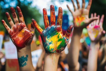 kids raised hands covered in an array of paint colors
