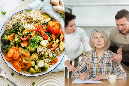 A split photo with left side showing a bowl of rice and veggies, and the right side showing an older woman with a man and woman arguing on either side of her