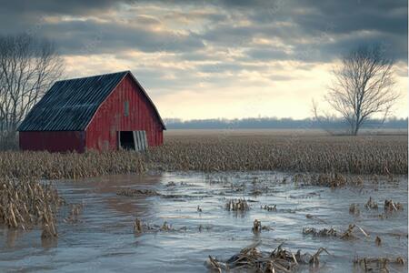 an old red barn in a field with water surrounding it