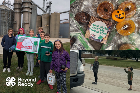 Collage featuring youth waving at a truck from the street, a group of 4-H members holding a sign that reads thank you farmers in front of a grain elevator, and a top down shot of some backed goods with a sticker that reads 'Your Work Matters Thank You'