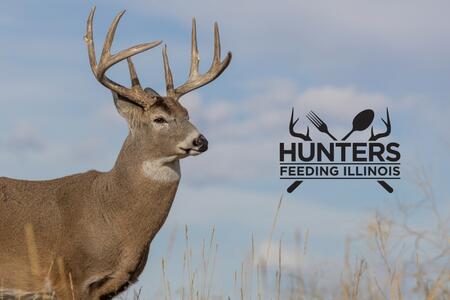 Close-up of a deer with the Hunters Feeding Illinois logo