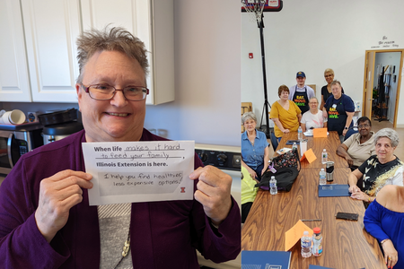 Janet Moody holds up a paper sign that reads ""When life make it hard to feed your family, Illinois Extension is here.  I help you find healthier, less expensive options!"