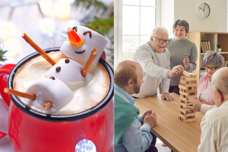 Split photo - Smiling marshmallow snowman floating in mug of cocoa and group of older adults playing Jenga