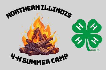 Gray background/ photo of a campfire, 4-H clover logo