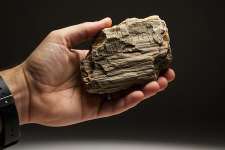 Hand holding fossil rock against dark backdrop