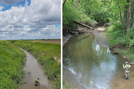 Two photos one of a creek with grass on the banks the other a wide stream with trees along it