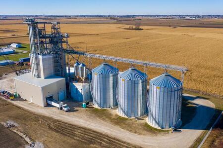 Overhead side view of bin set up at U of I Feed Technology Center in Urbana