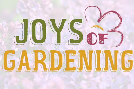 Joys of Gardening logo on a floral background