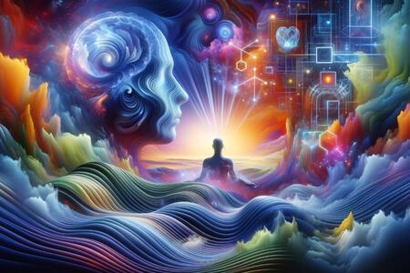 A person meditating in a dream world filled with rainbow colors.