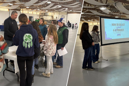 A group of 4-H members stand at a table with a presenter, while a group of people present from a screen that reads: how to select your 4-H project