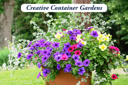Large flowerpot with mixed annual flowers