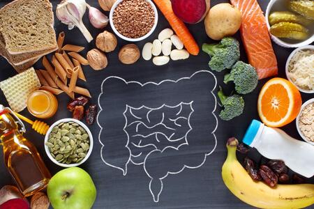 nutritious foods surround a chalk drawing outline of a gut