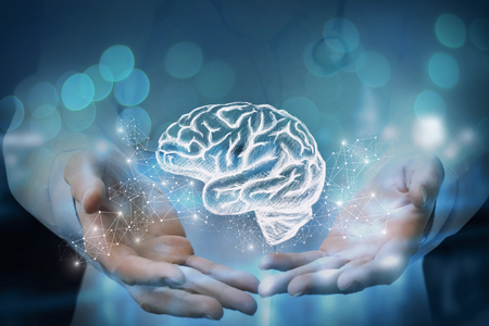 A pair of hands holding a digital brain with a cloud of activity around it.