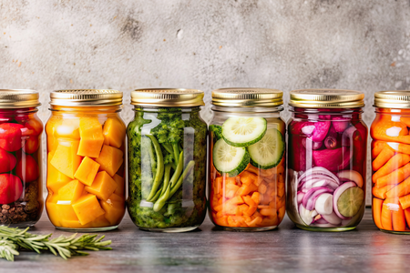 A row of jars filled with vegetables.