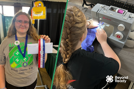 4-H member holds up a state ribbon on the left, while on the right, she works on a project at a sewing machine