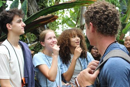 four people surrounded by large plants