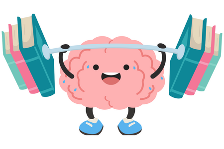 Cartoon brain lifting books like weights.