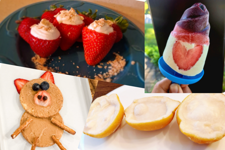 photo collage of strawberry cheesecake blossoms, very berry cheesecake popsicle, piggy snacks, and lemon coconut sorbet