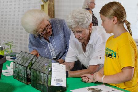 4-H participant explaining their horticulture project to two judges.