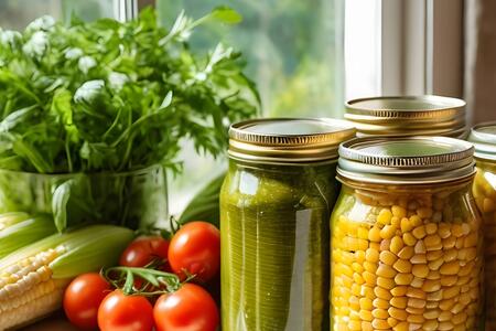 Jars of preserved produce sits on a table with fresh herbs, corn, and tomatoes.