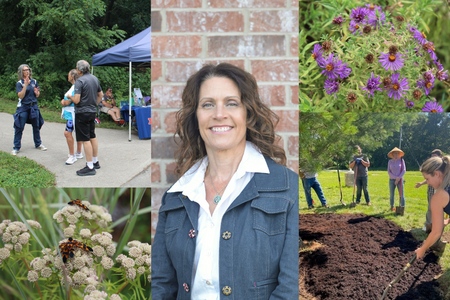 Collage featuring Jenny Lee, the new horticulture educator, along with photos of Illinois Extension outreach, native plants, insects, and a gardening activity.
