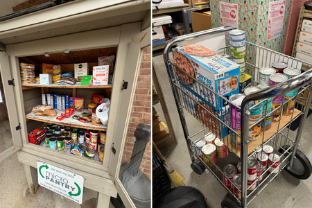 Donated food items sit inside a micro pantry shelf and on a cart